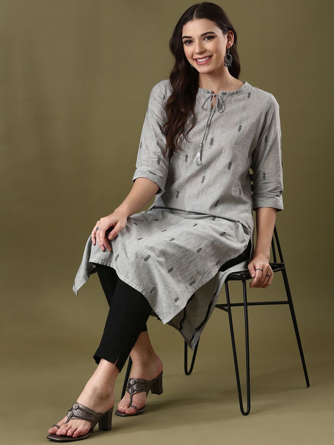 

Anouk Grey Ethnic Motifs Woven Design Tie Up Neck Pure Cotton Straight Kurta