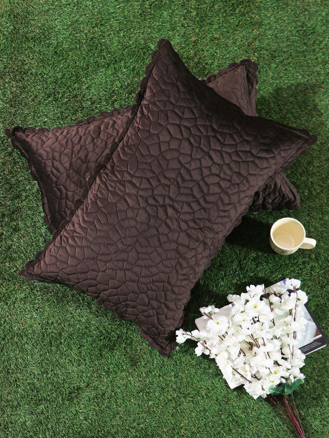 

HOSTA HOMES Brown 2 Pieces Self Design Velvet Rectangle Pillow Covers