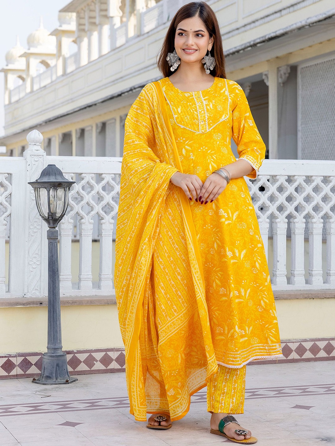 

PARTHVI Floral Printed Regular Pure Cotton Anarkali Kurta With Trouser With Dupatta, Mustard