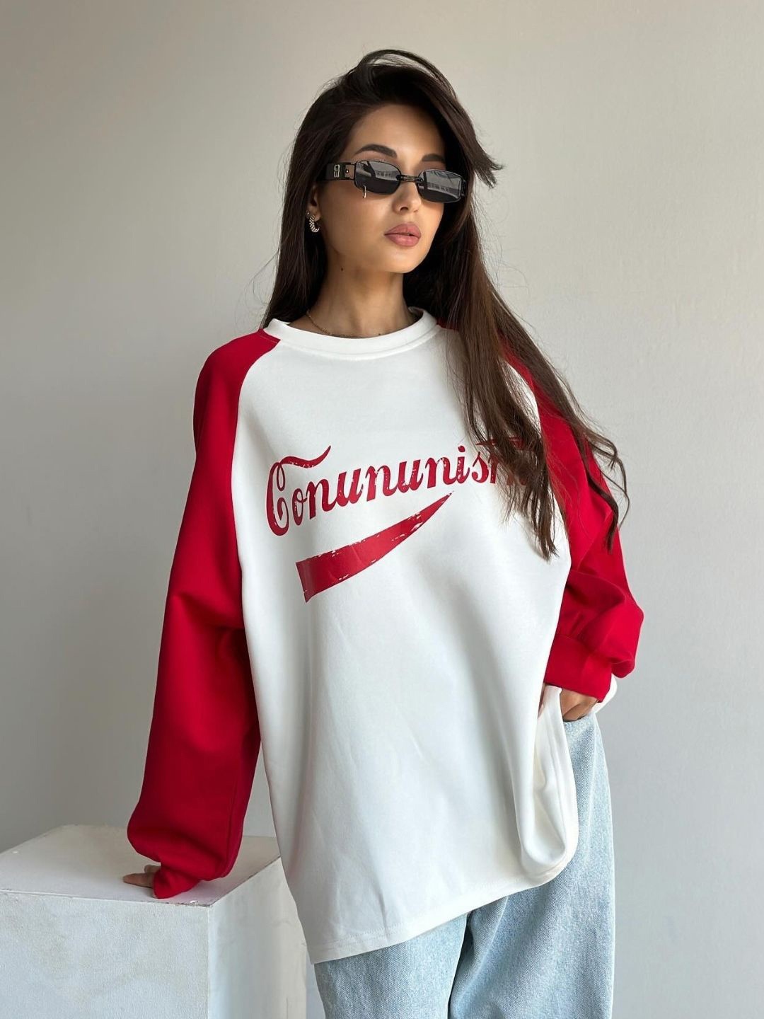 

HERE&NOW Women Printed Round Neck Long Sleeves Pullover Sweatshirt, Red