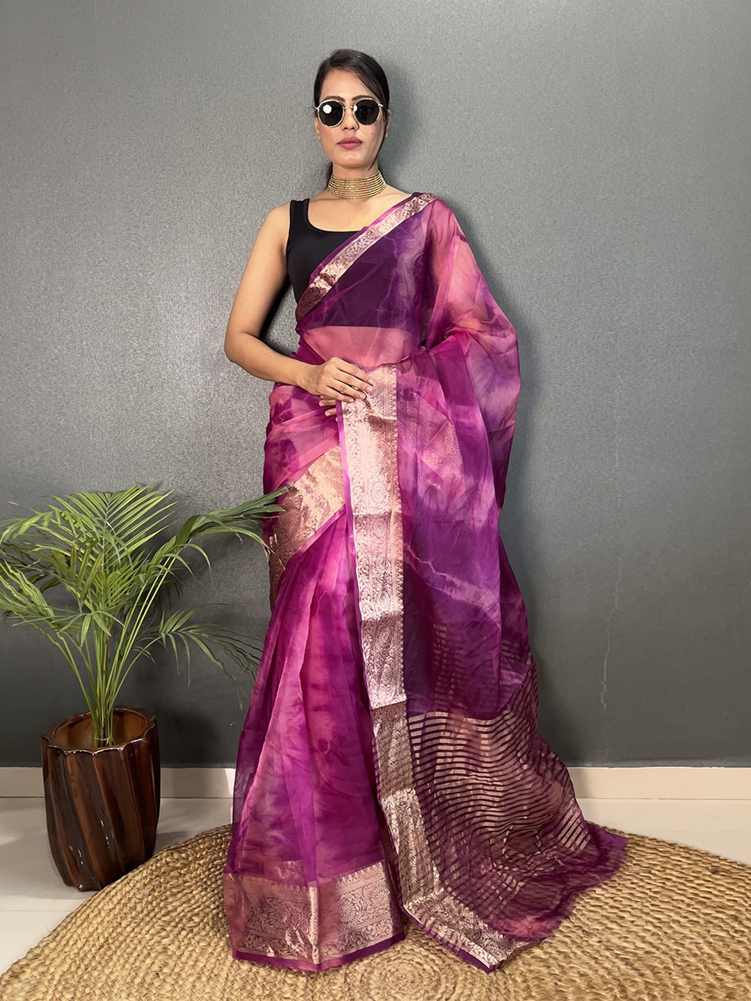 

V3 FASHION STUDIO Tie and Dye Zari Organza Leheriya Saree, Purple