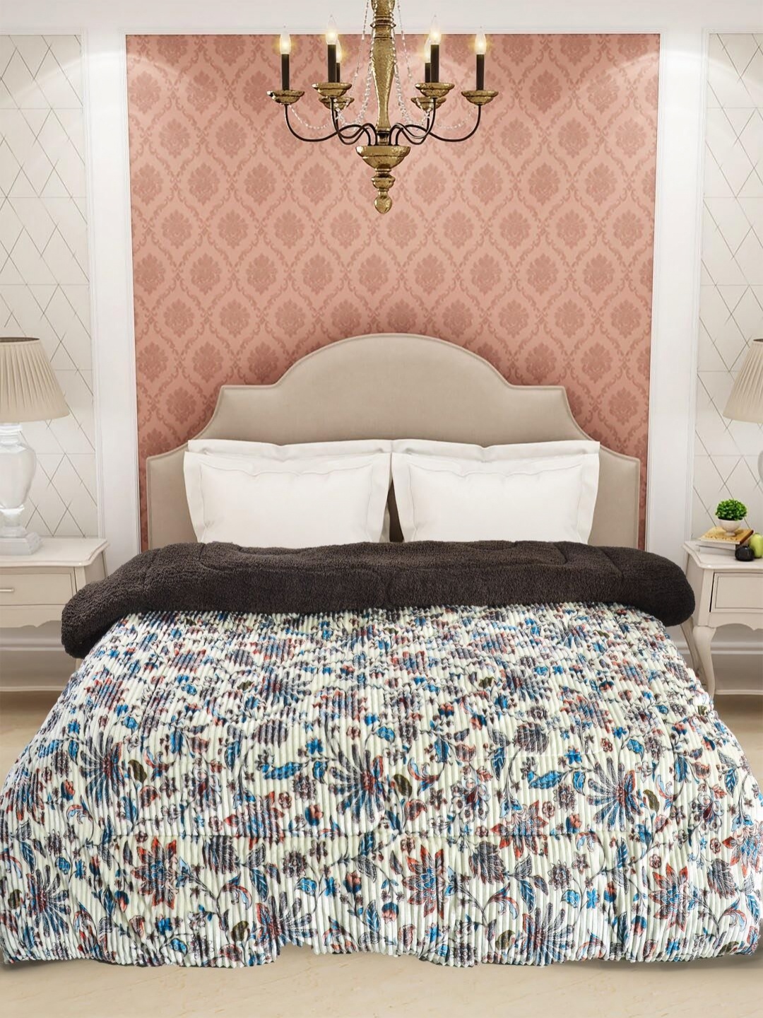 

FABINALIV Off White & Blue Floral 950 GSM Woollen Heavy Winter Double Bed Quilt