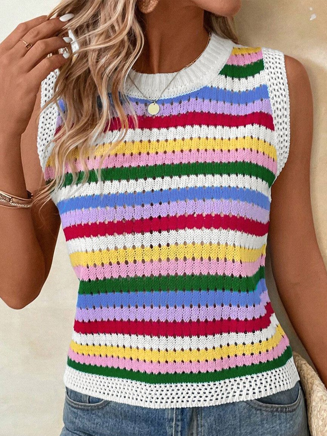 

HERE&NOW Women Self Design Sleeveless Sweater Vest, Multi