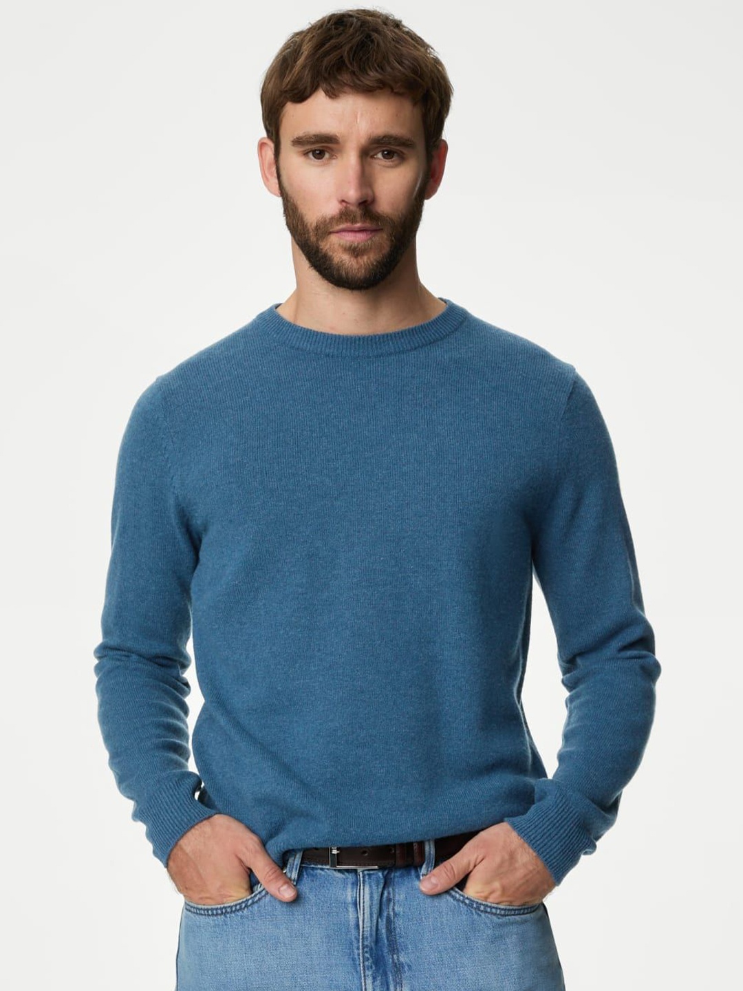 

Marks & Spencer Men Woollen Round Neck Long Sleeves Pullover Sweaters, Blue