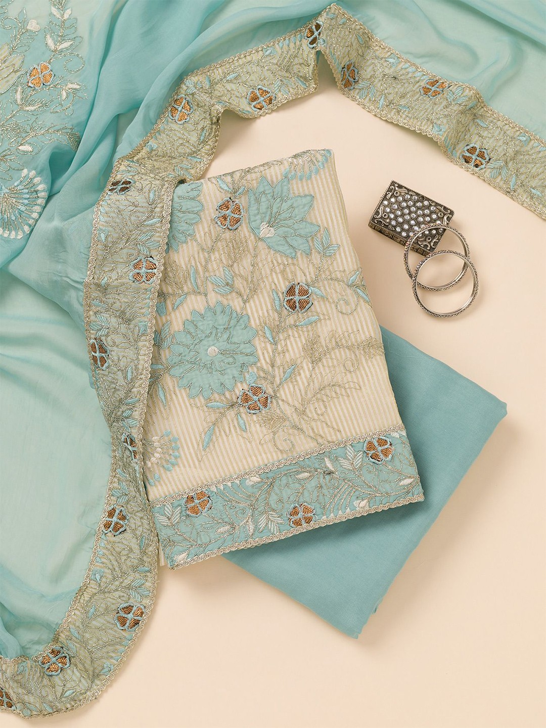 

Koskii Floral Embroidered Zari Tissue Unstitched Dress Material, Green