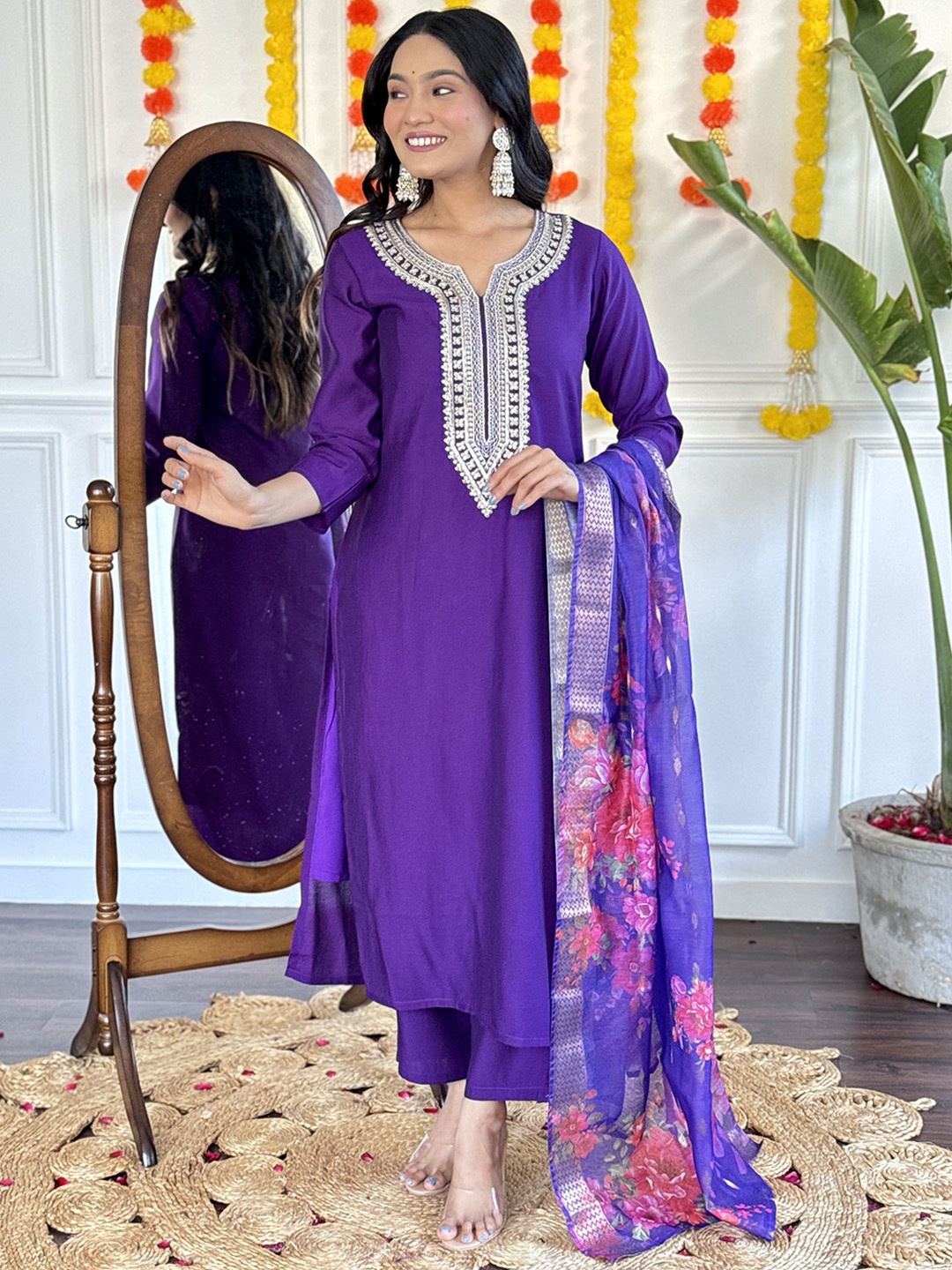 

KALINI Notch Neck Floral Yoke Design Sequinned Straight Kurta with Trouser & Dupatta, Violet