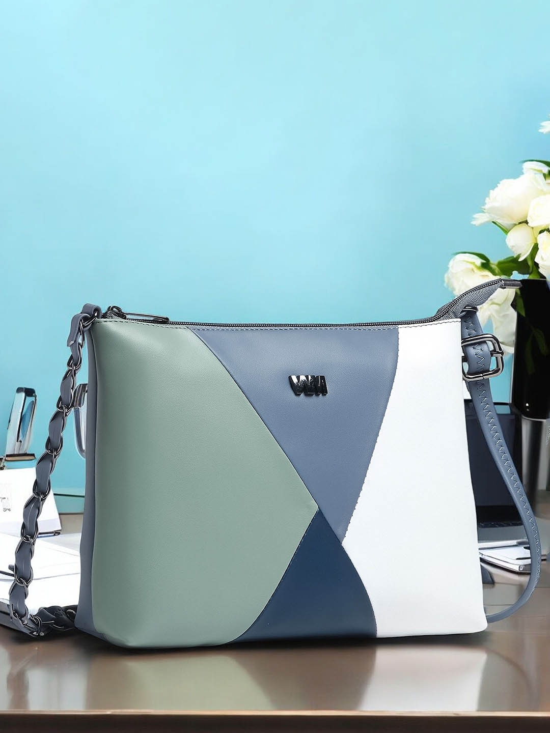 

WOMEN MARKS Colourblocked PU Sling Bag, Blue
