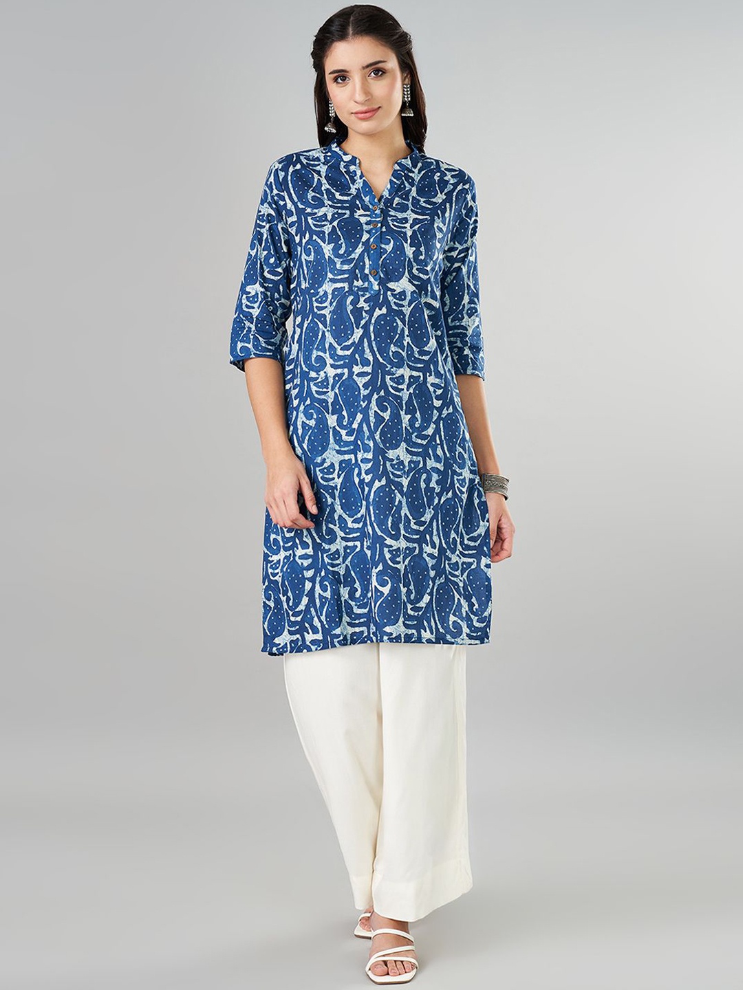 

RANGMANCH BY PANTALOONS Mandarin Collar Paisley Printed Cotton Straight Kurta, Navy blue