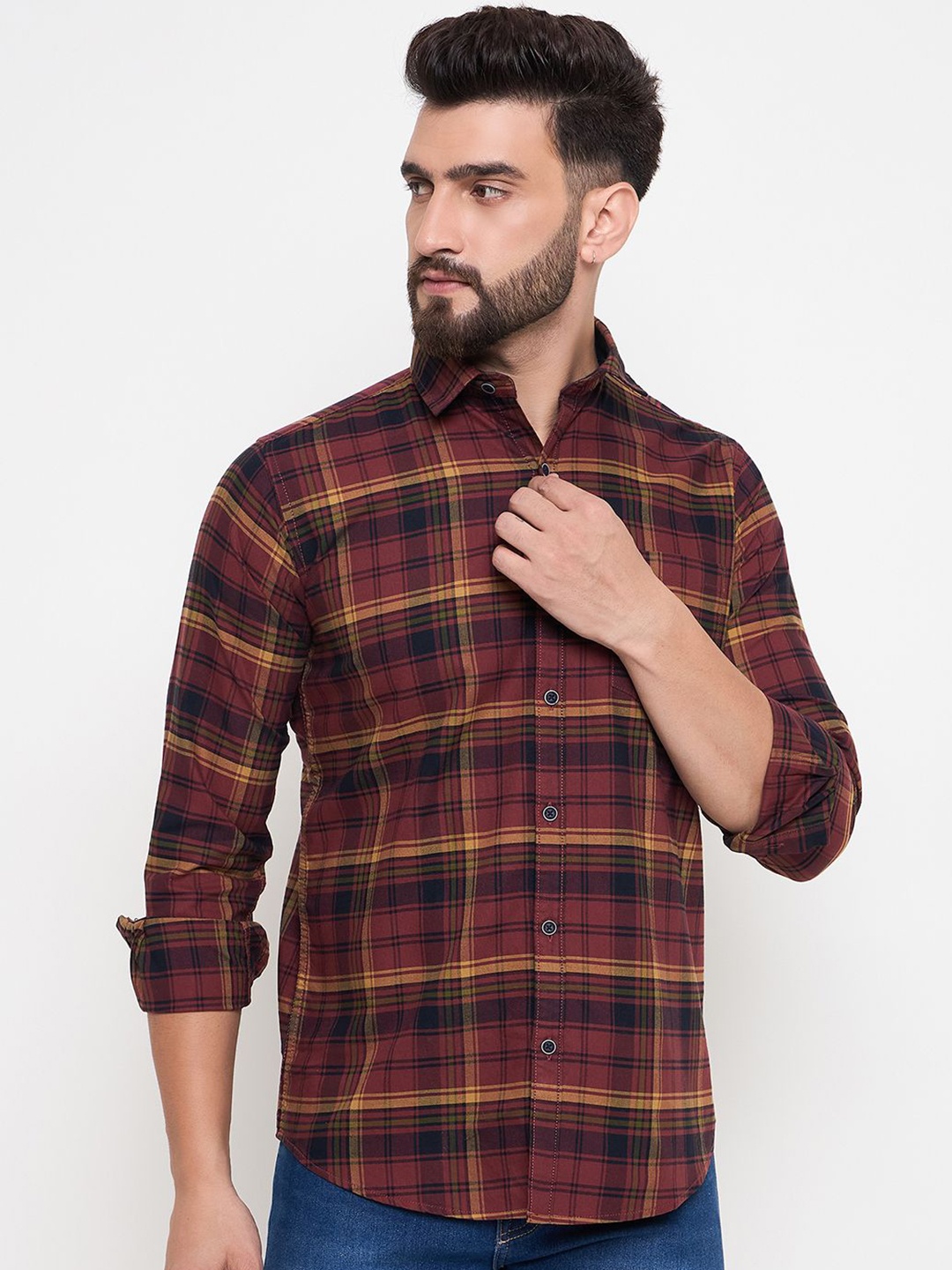 

Duke Men Slim Fit Tartan Checks Opaque Checked Casual Shirt, Maroon