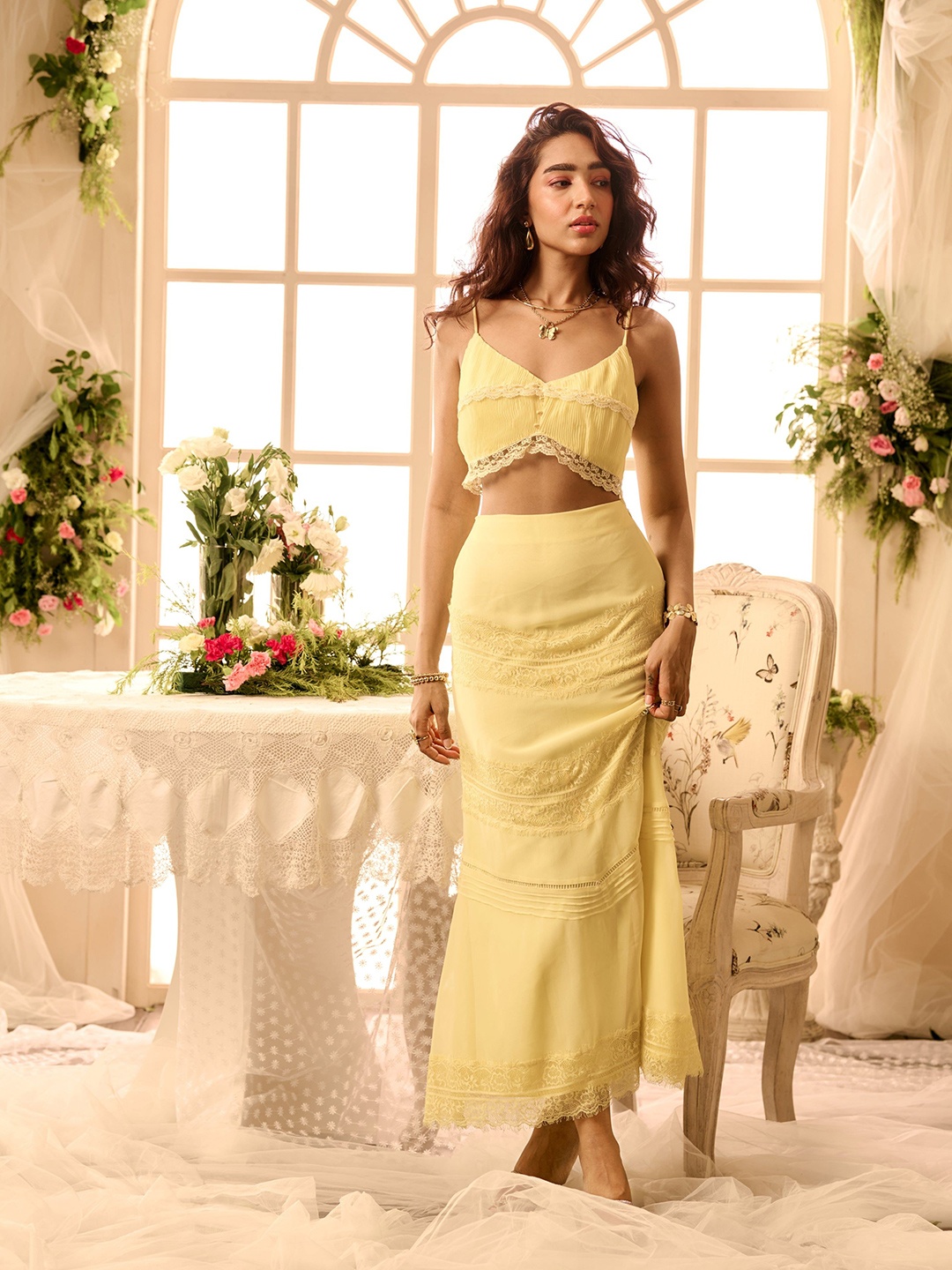 

Lea Clothing Co. Self Design Shoulder Straps Crop Top With Skirt, Yellow