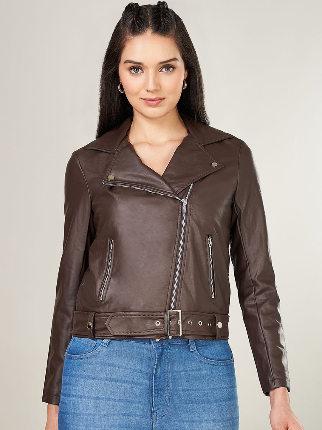 

SF JEANS by Pantaloons Women Crop Biker Jacket, Brown