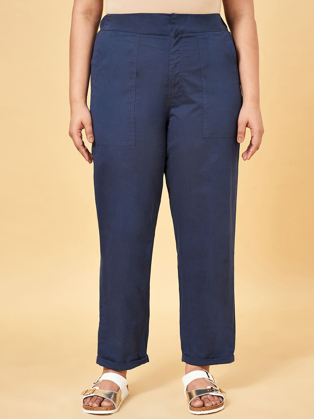 

Honey Curvytude by Pantaloons Women Cotton Plus Size High-Rise Trousers, Navy blue