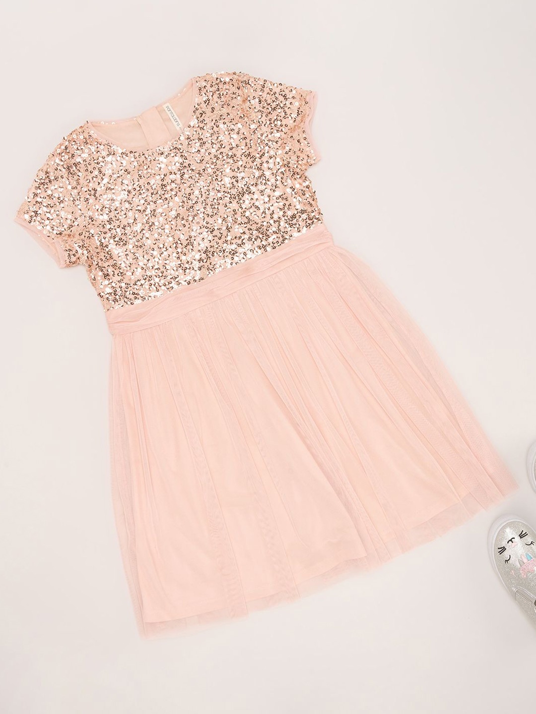 

Pantaloons Junior Girls Embellished Print Fit & Flare Dress, Peach