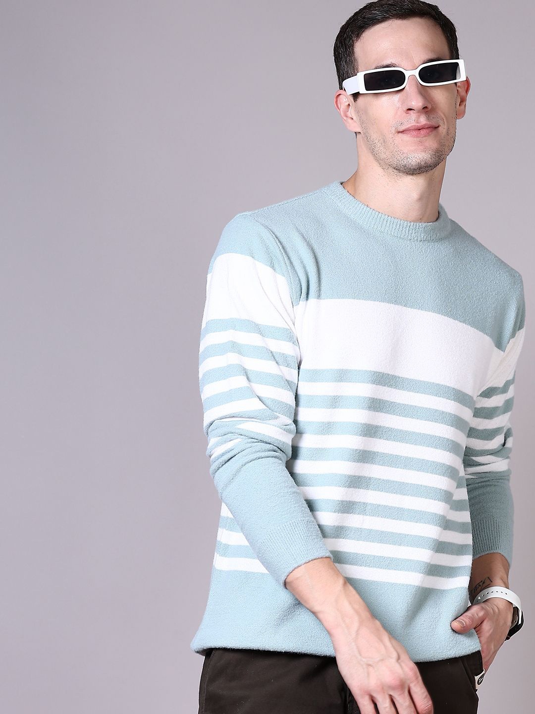 

V-Mart Men Cotton Striped Round Neck Long Sleeves Pullover Sweater, Blue