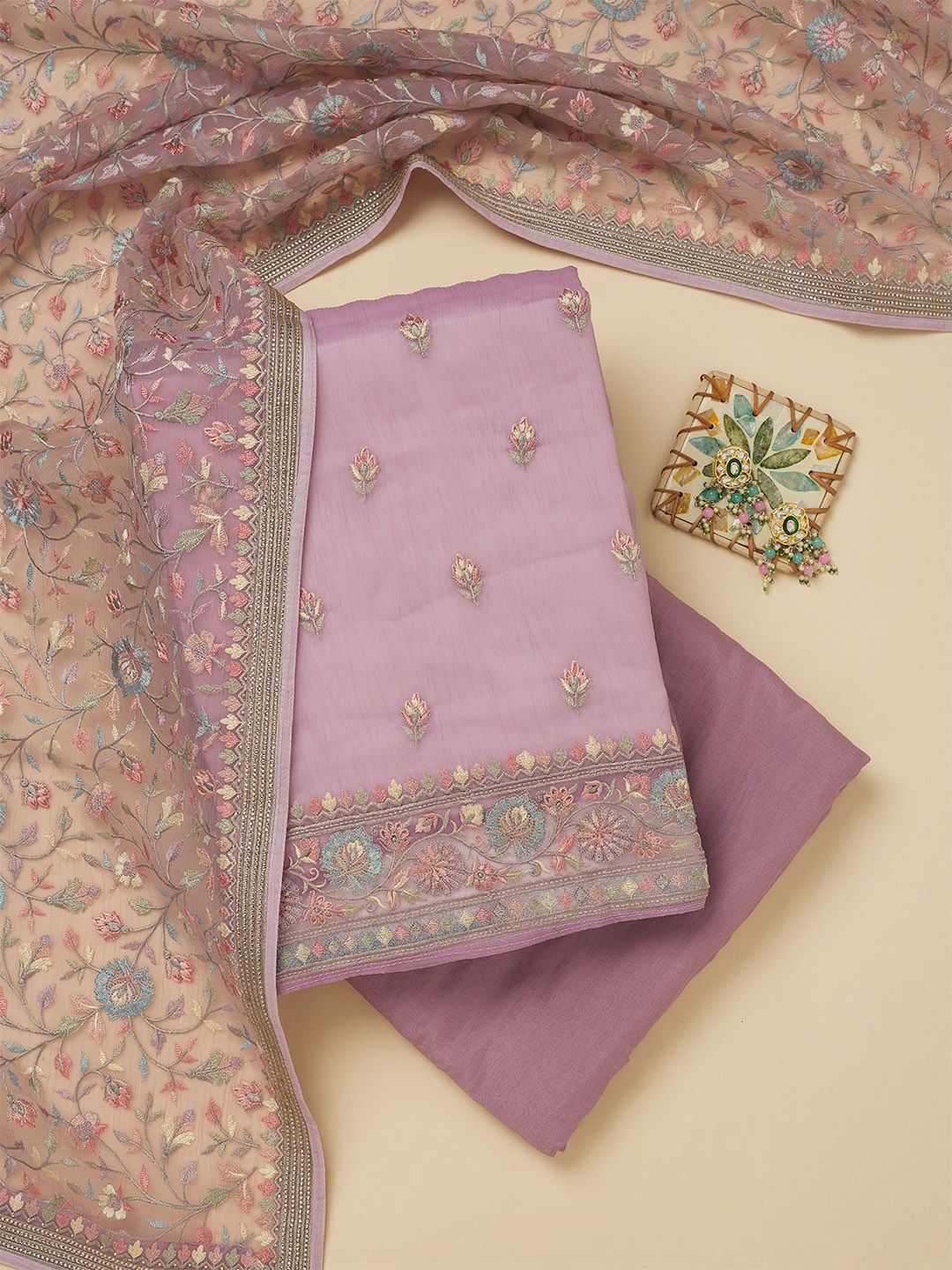 

Koskii Floral Embroidered Thread Work Chiffon Unstitched Dress Material, Purple
