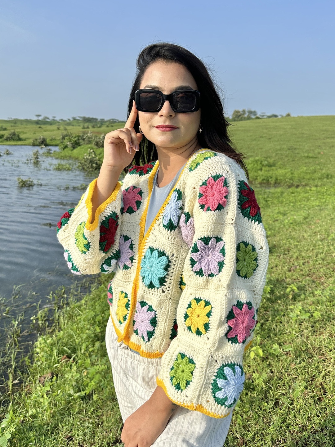 

Sugercandy Women Floral Ribbed Woollen Crop Cardigan, Beige