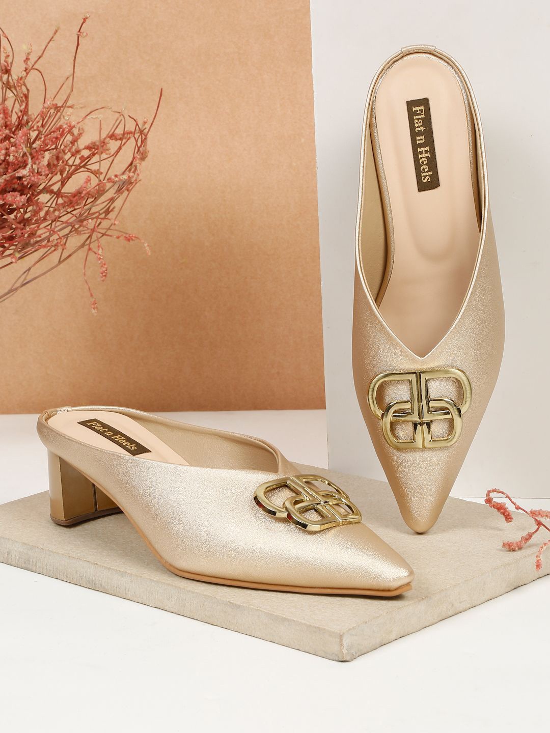 

Flat n Heels Women Pointed Toe Block Pumps With Buckles, Gold