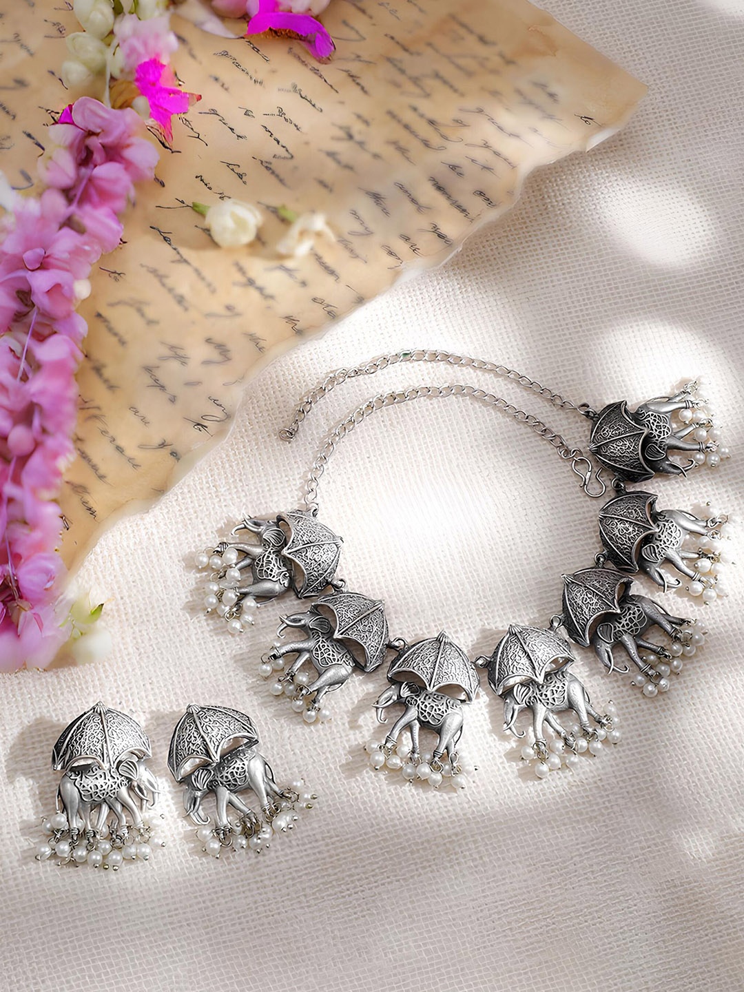 

MANSIYAORANGE Silver Plated Beaded Temple Oxidised Jewellery Set