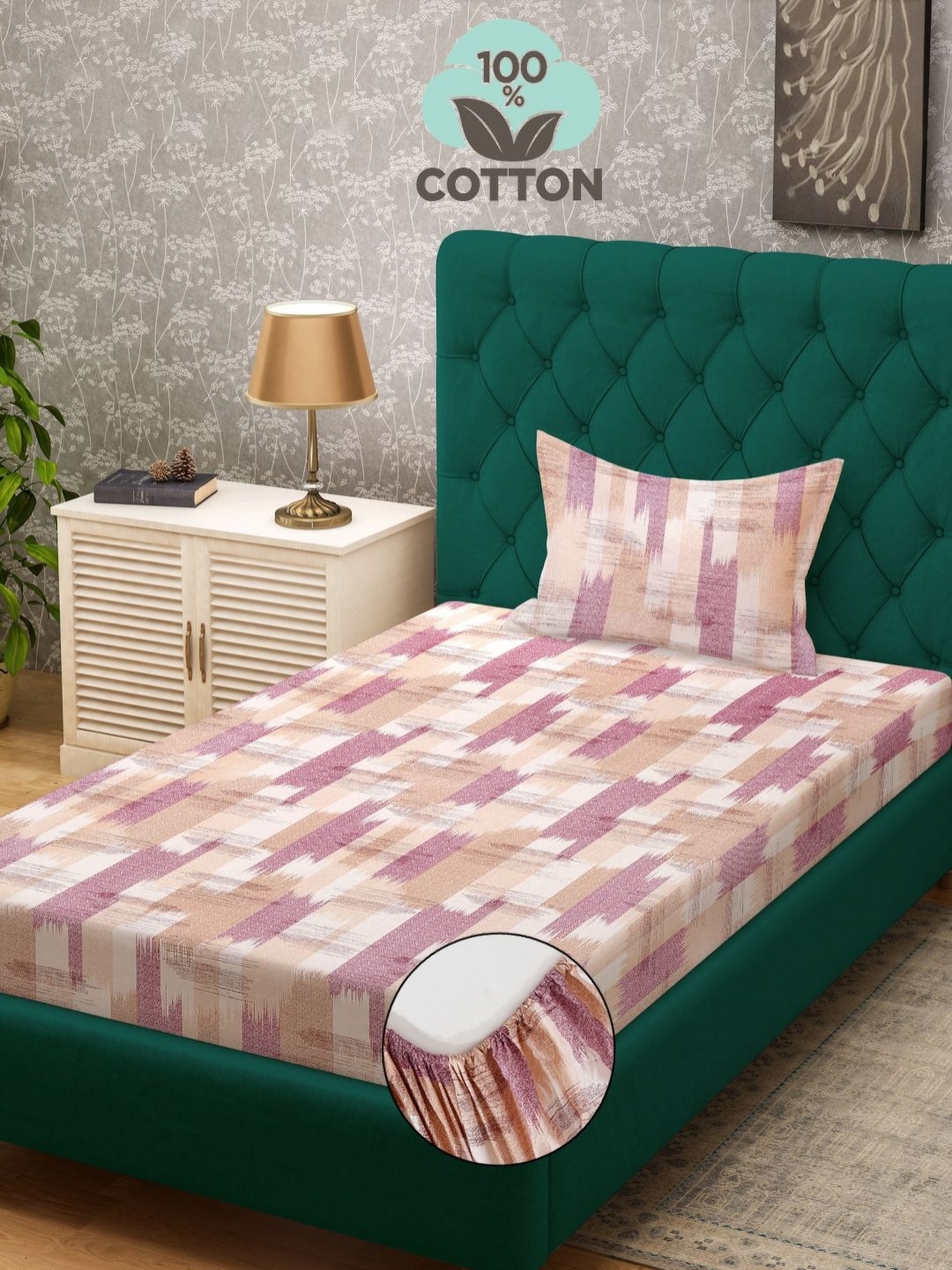 

Aura Pink & Beige Geometric Printed Fitted 300TC Single Bedsheet With Pillow Cover