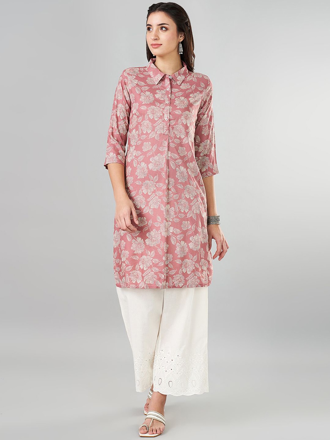 

RANGMANCH BY PANTALOONS Floral Printed Shirt Collar Straight Kurta, Pink
