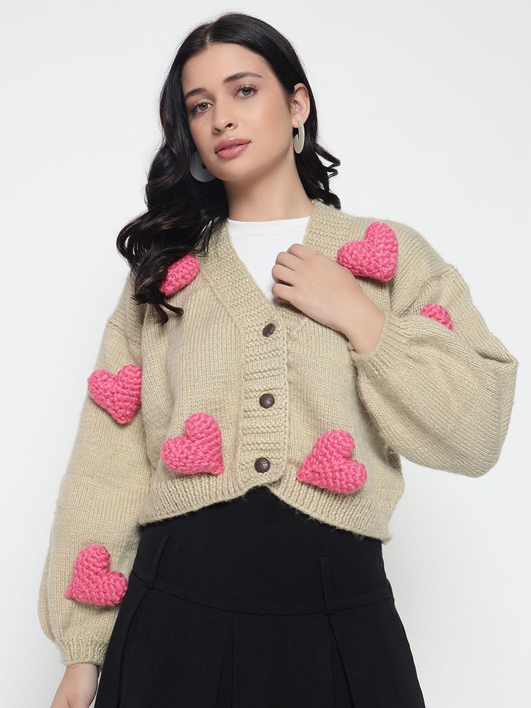 

Sugercandy Women Love Embroidered Woollen Crop Cardigan, Cream