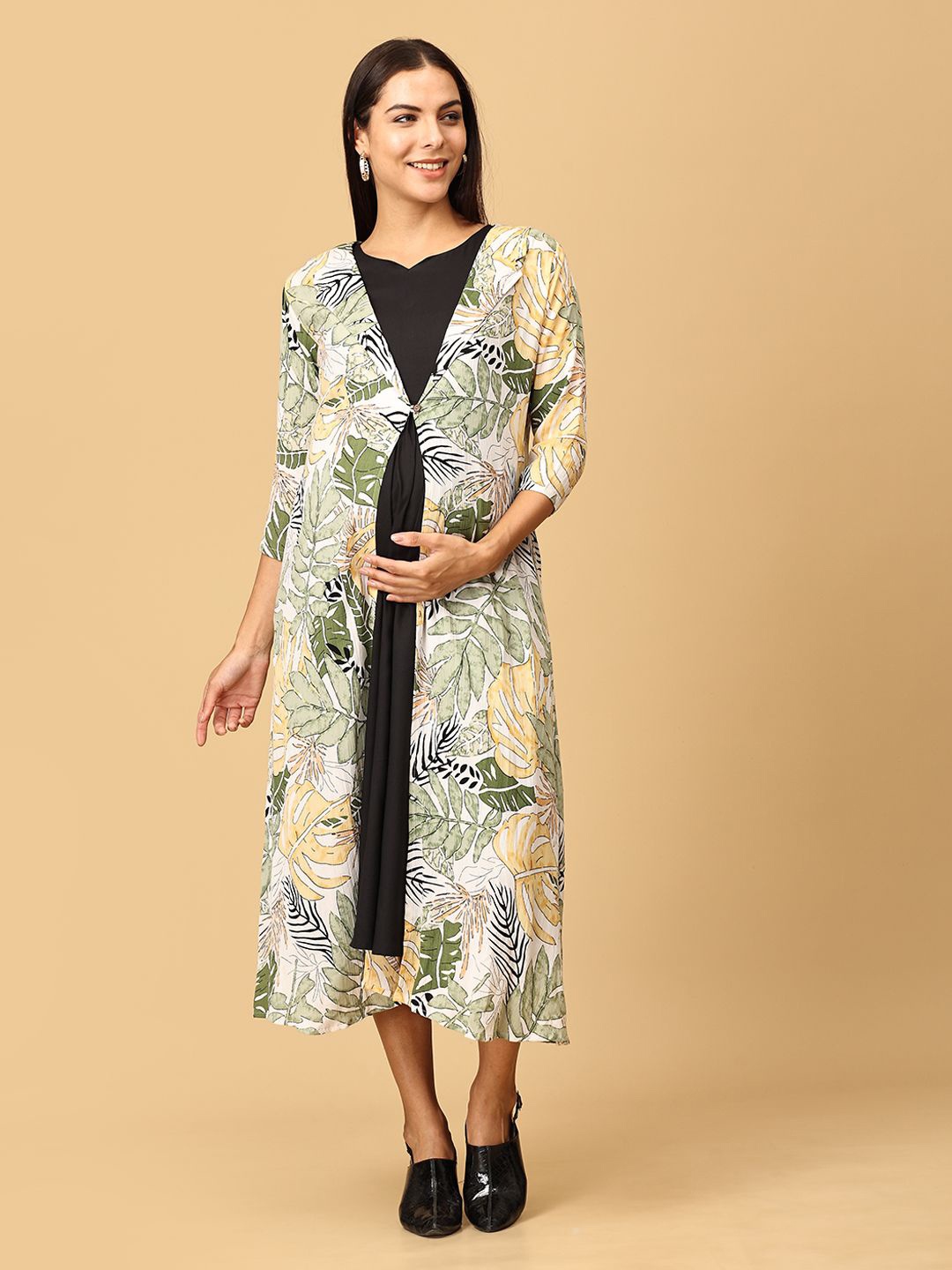 

The Mom Store Women Tropical Printed Maternity Fit and Flare Midi Dress, Green