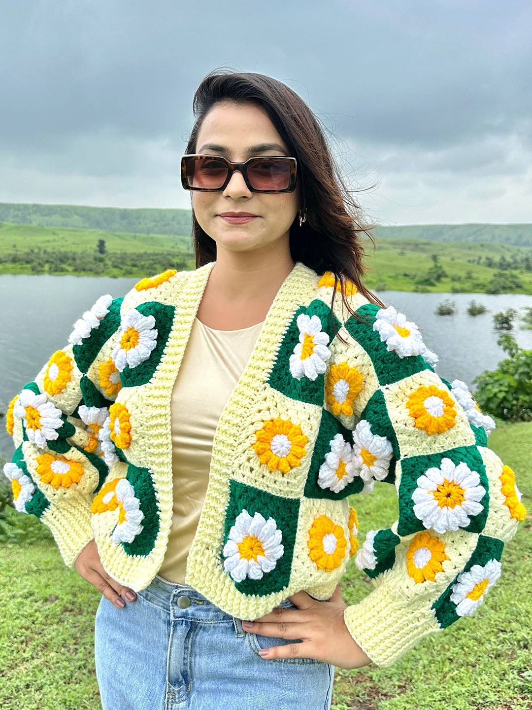 

Sugercandy Women Floral Self Design Long Sleeves Woollen Cardigan, Yellow