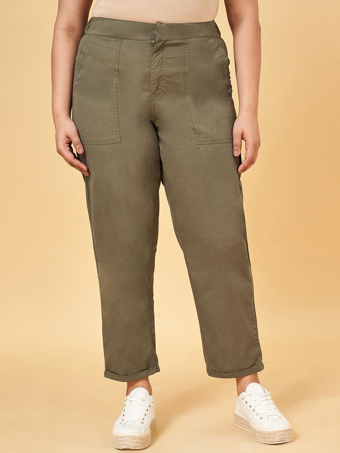 

Honey Curvytude by Pantaloons Women Pure Cotton High-Rise Trousers, Olive
