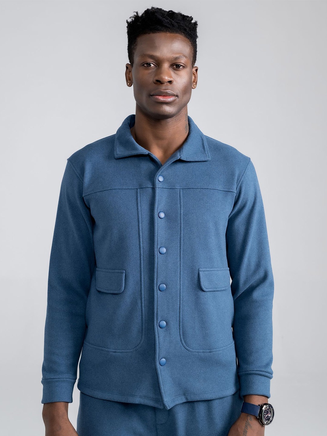 

EDRIO Men Shirt Collar Long Sleeves Front-Open Sweatshirt, Blue