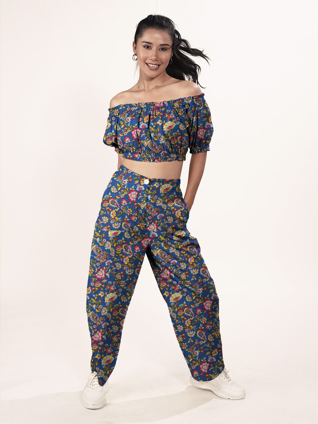 

Zink London Floral Printed Off-Shoulder Relaxed-Fit Crop Top & Trousers, Blue