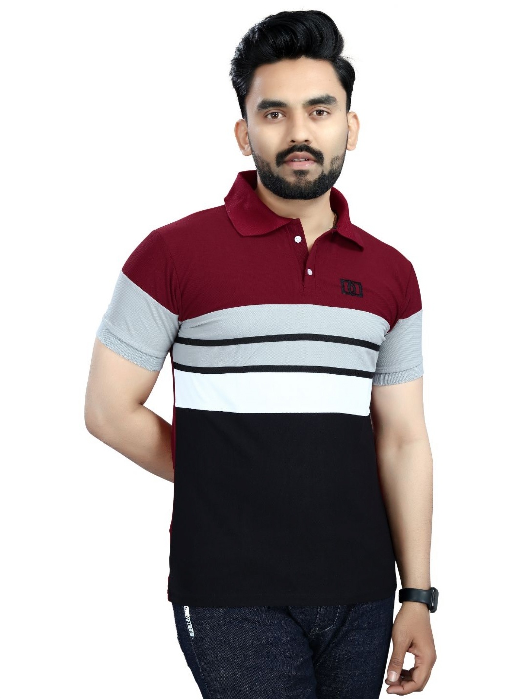 

DYRECTDEALS Men Striped Polo Collar Pockets T-shirt, Maroon