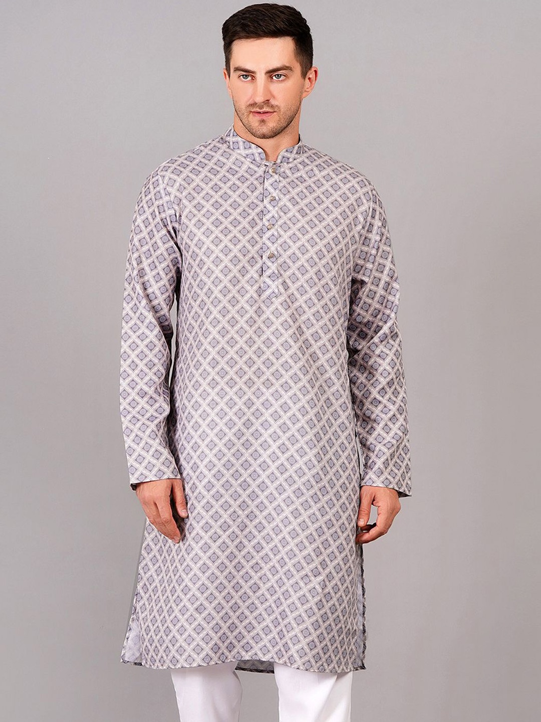 

SG LEMAN Geometric Printed Mandarin Collar Kurta, Brown