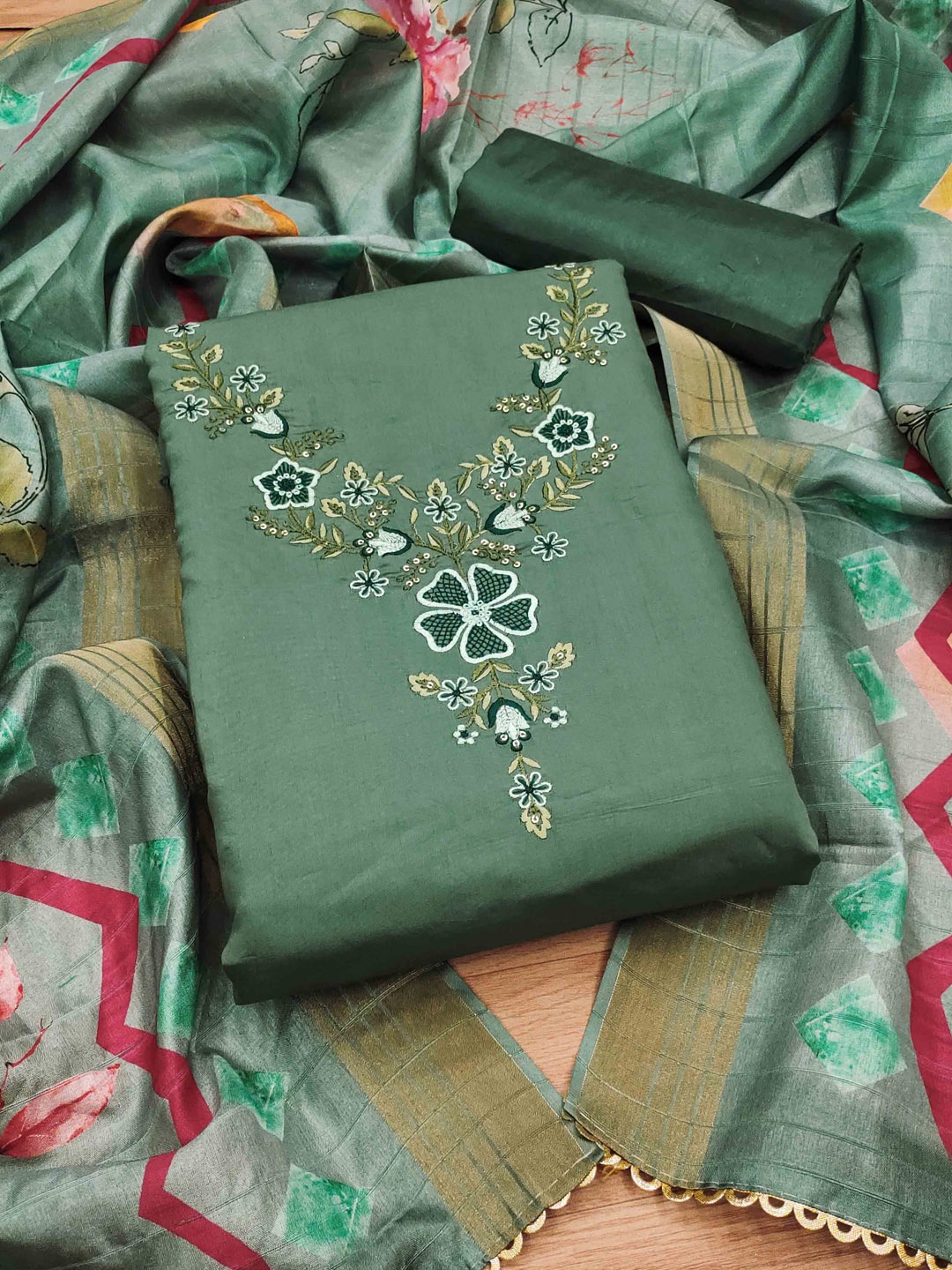 

KALINI Floral Embroidered Unstitched Dress Material, Green
