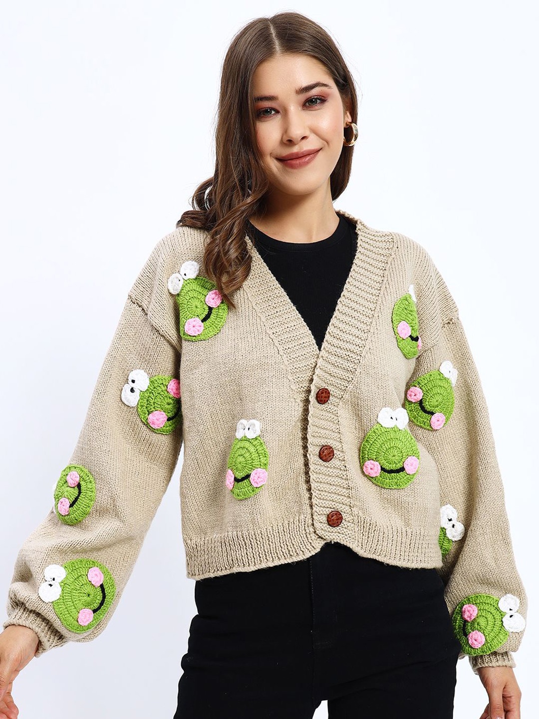 

Sugercandy Women Embroidered Frog Woollen Crop Cardigan, Beige