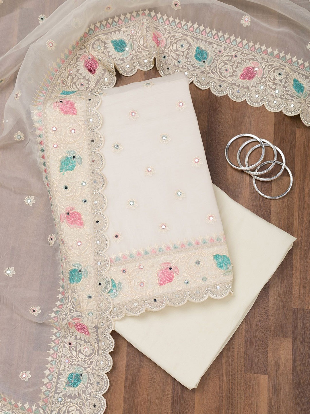 

Koskii Floral Embroidered Mirror Work & Thread Work Organza Unstitched Dress Material, White