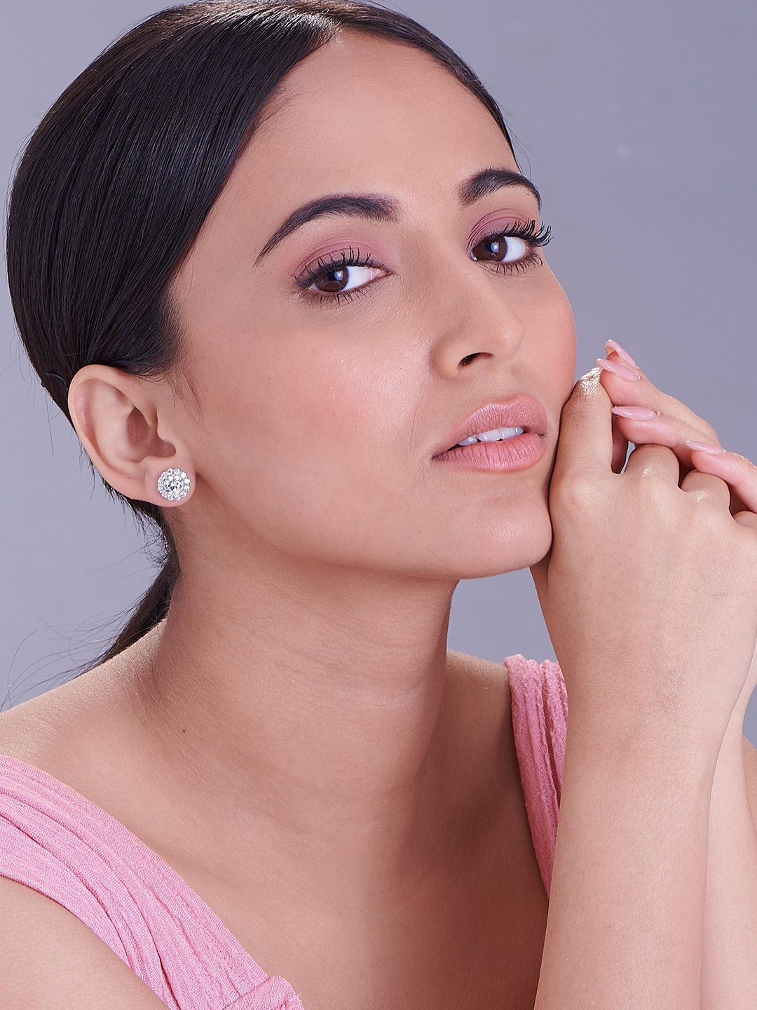 

Nipura 925 Sterling Silver Rhodium-Plated CZ Studded Contemporary Studs Earrings