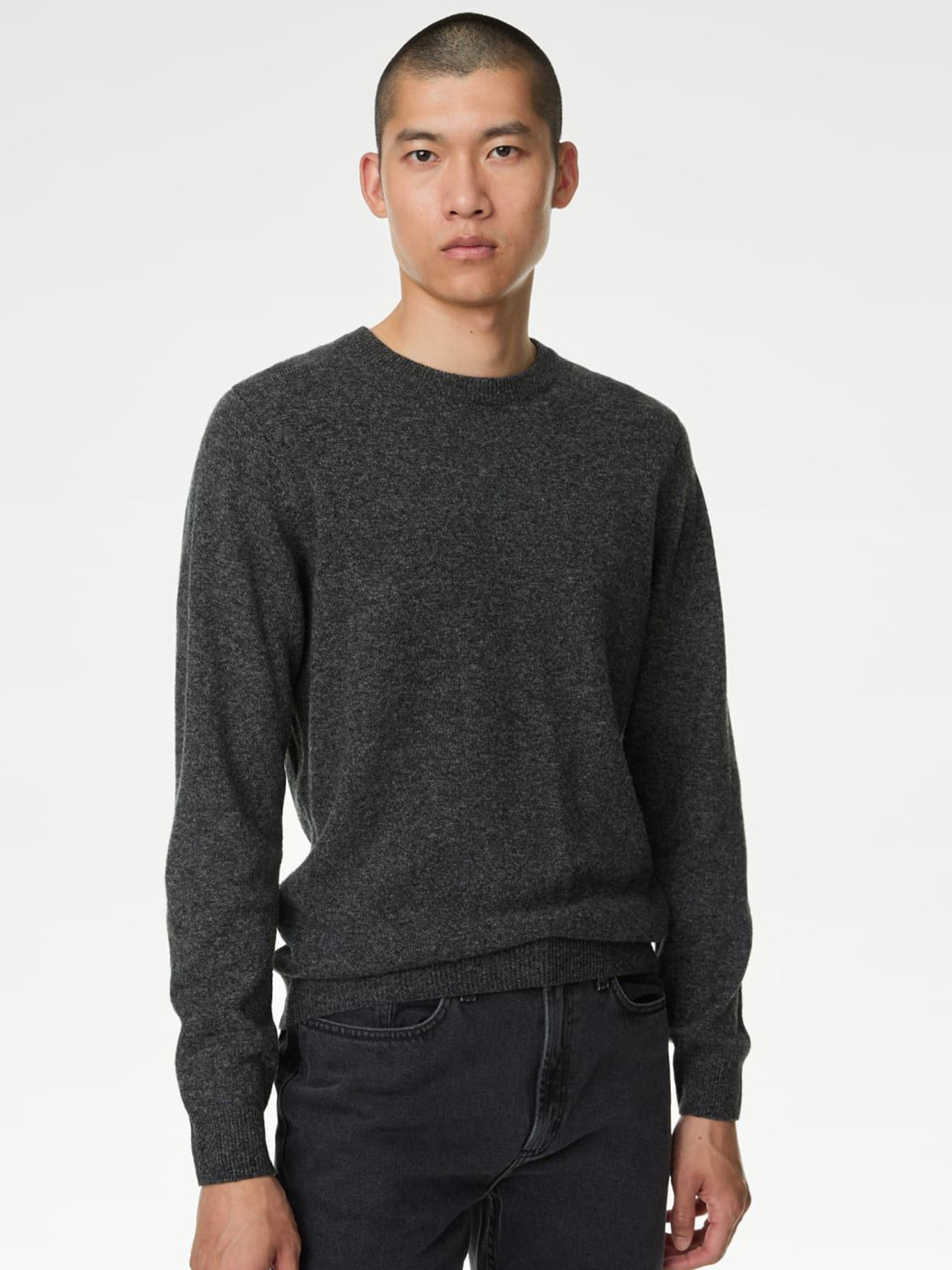 

Marks & Spencer Men Round Neck Long Sleeves Woollen Regular Pullover Sweaters, Grey melange