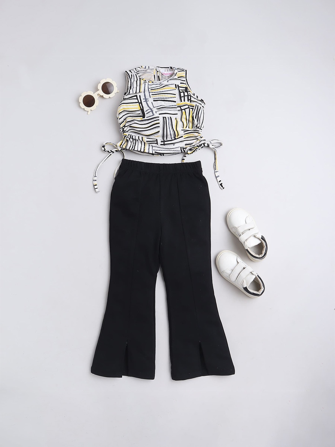 

taffykids Girls Abstract Printed Tie-Up Cut-Out Crop Top With Trousers, Black