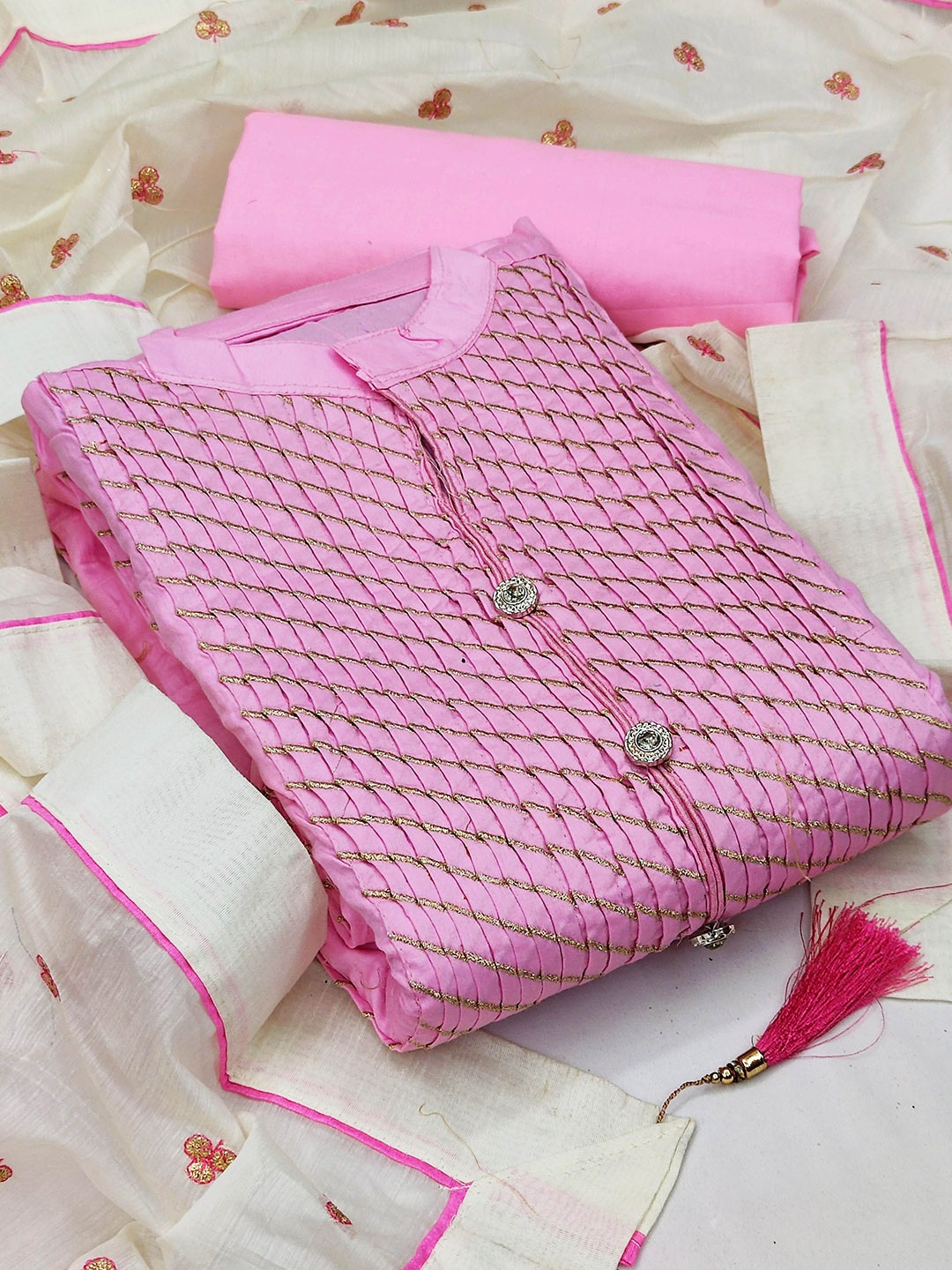 

Maroosh Striped Embroidered Zari Unstitched Dress Material, Pink