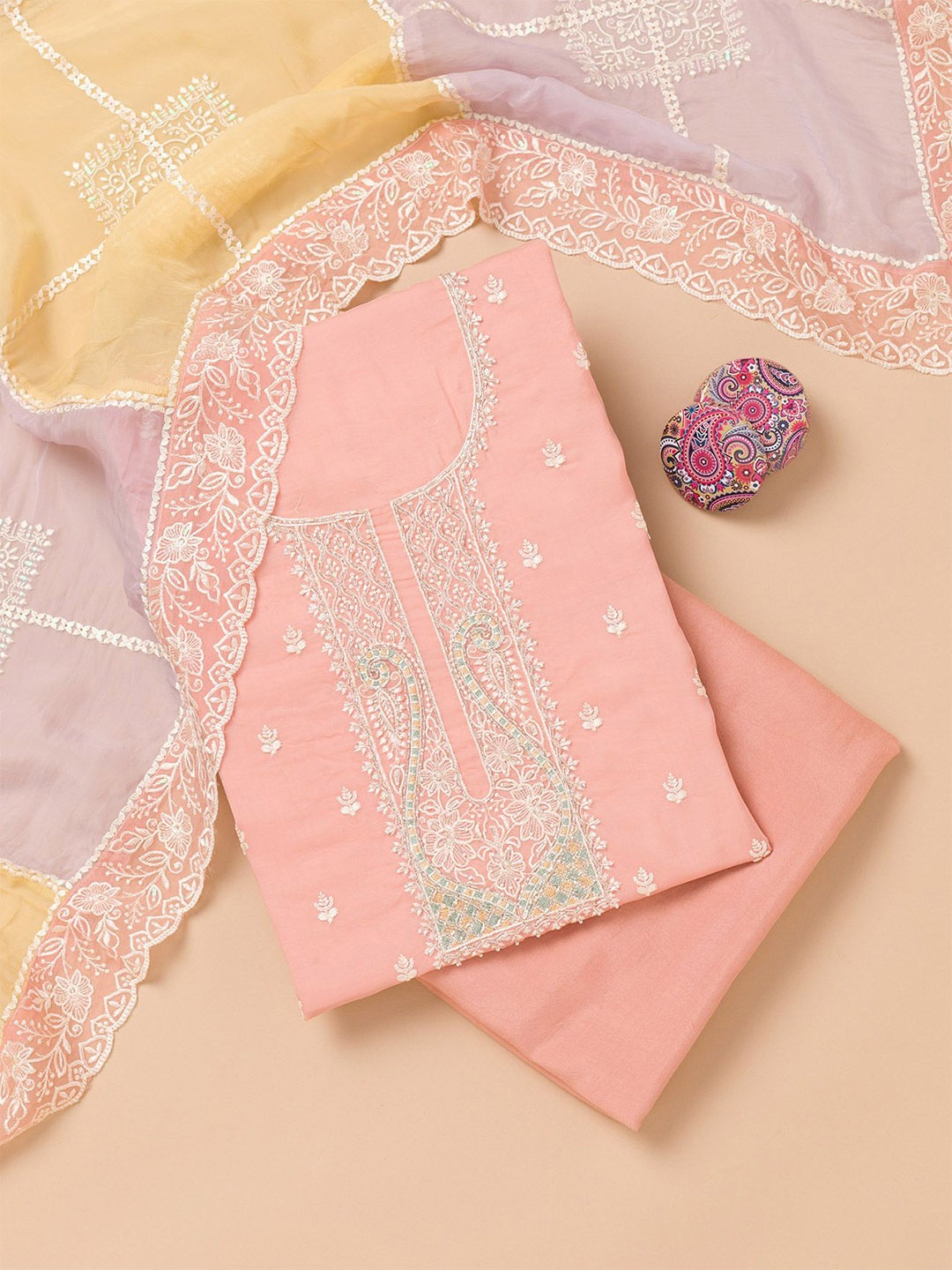 

Koskii Ethnic Motifs Embroidered Beads & Thread Work Organza Unstitched Dress Material, Peach