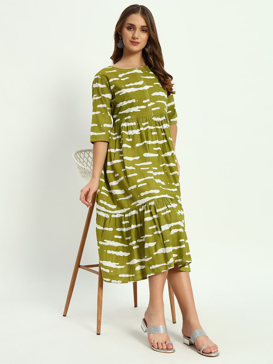 

ASHRU Women Abstract Printed Fit and Flare Midi Ethnic Dress, Green