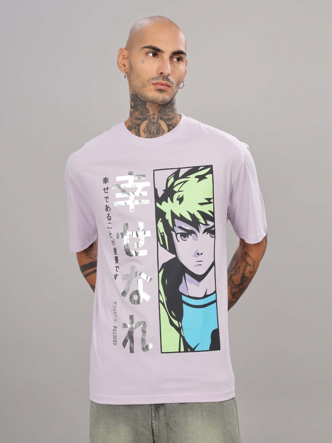 

TOMHIDDLE Anime Printed Oversized Cotton T-Shirt, Purple