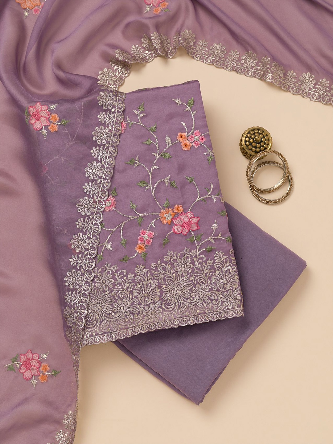 

Koskii Floral Embroidered Zari Unstitched Dress Material, Purple