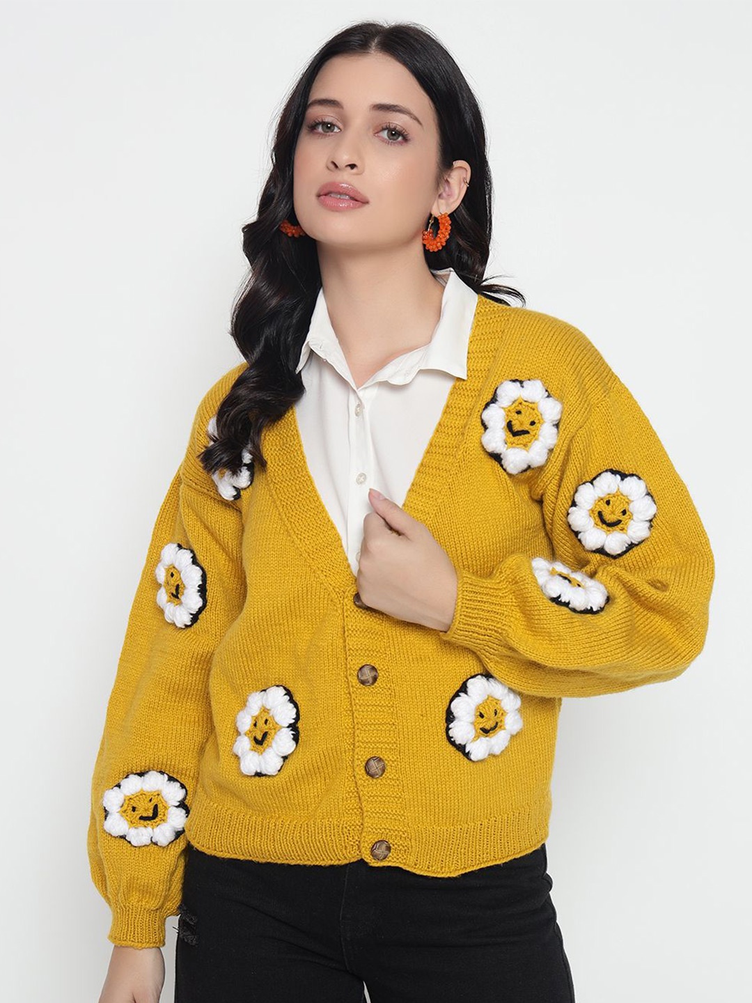 

Sugercandy Women Self Design Long Sleeves Applique Woollen Sweaters, Mustard
