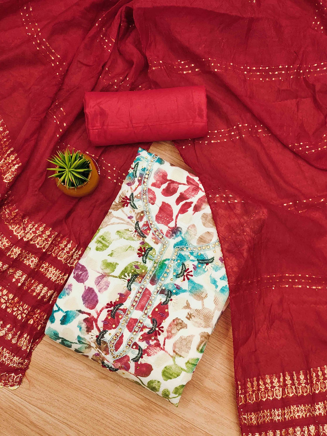 

KALINI Floral Embellished Cotton Unstitched Dress Material, Red