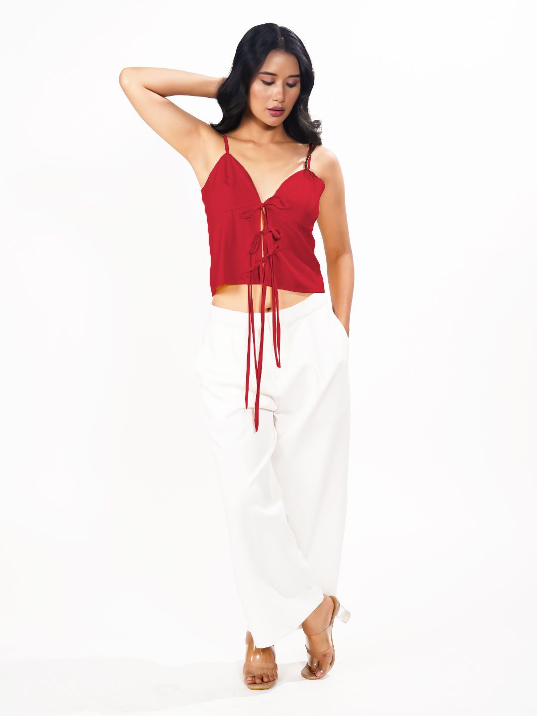 

Zink London Women Tie-Up Fitted Crop Top, Red
