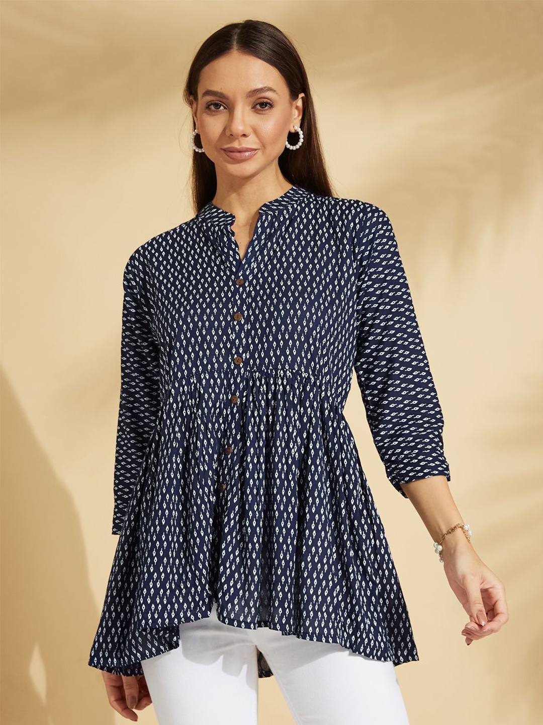

Fabclub Women Ethnic Motifs Printed Mandarin Collar Pleated Kurti, Navy blue