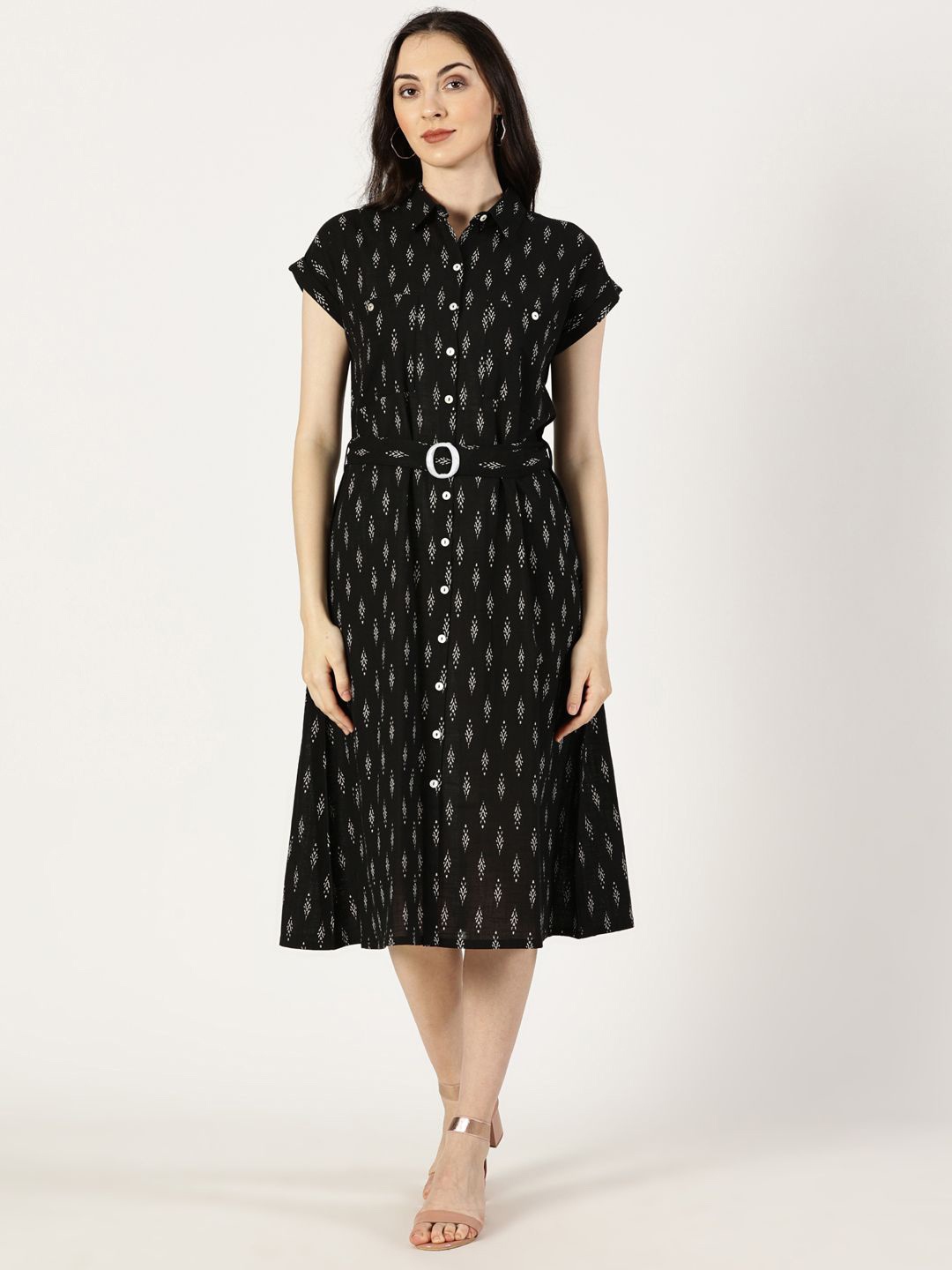 

Saffron Threads Women Ethnic Motifs Printed Pure Cotton Midi Shirt Dress, Black
