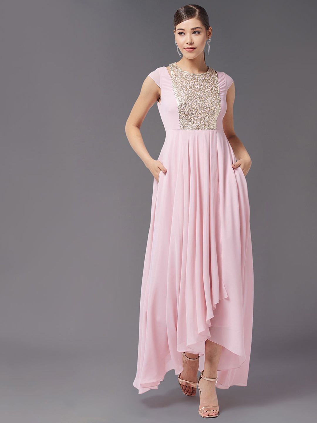 

Miss Chase Embellished Georgette Pleated Maxi Dress, Pink