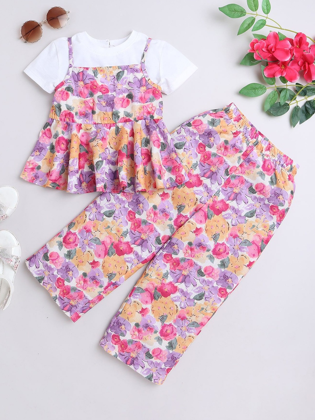 

taffykids Girls Floral Printed Peplum Top With Trousers, White